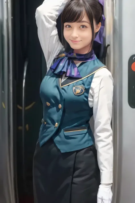(masterpiece:1.2, best quality:1.2), 32kHDR, kampala, (Alone、 1 girl)、(What is 、 Professional Lighting)、In-flight background、(Nankai Train crew uniformを着たリアルなスタイル)、((Nankai train crew uniform green vest))、(( Nankai train crew uniform collarless white lo...
