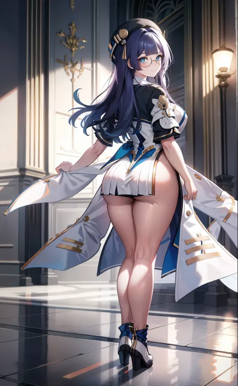 pelaV4, masterpiece, HD, high res, solo portrait, back view, lower-angle view, ass focus, beautiful render art, anime, detailed shading, longhair, cute blue eyes, short eyelashes, beautiful legs, blushing, cute smirk, knight uniform, short white dress, rou...