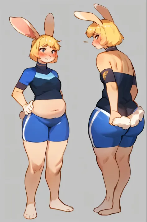 1 woman, By bebebebebe, by lostgoose, by goonie-san, solo, female, standing, rabbit/human hybrid, wide hips ,small , soft, long blonde hair, short, adult, wearing too small sports clothes. weak, slightly chubby, slender shoulders, bottom heavy, very wide h...