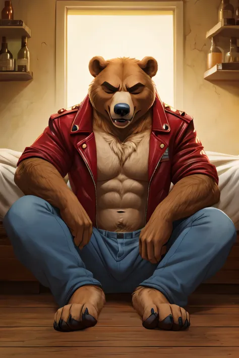 correct hands, sitting pose, detailed background, ((bedroom)), detailed eyes, ((bare torso)), smile, (realistic fur, detailed fu...