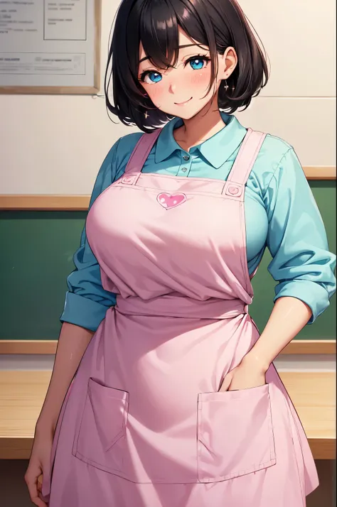 (High quality, High resolution, Fine details), preschool teacher in an apron, Pastel-colored clothing, solo, curvy adult women, black hair, sparkling eyes, (Detailed eyes:1.2), smile, blush, Sweat, Oily skin, Soft tones, shallow depth of field