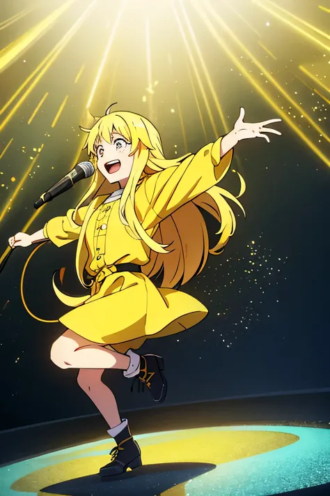 Yellow Hair、stand-up illustration、Background white、Singing。female、 is laughing、cute、 long hair