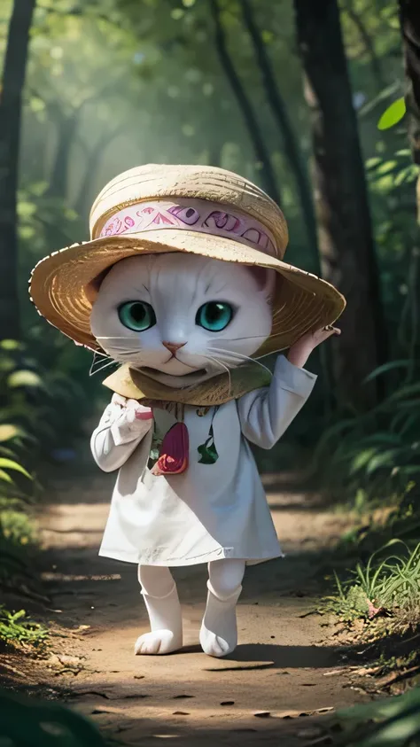 A small white cat dressed in guava clothes with a guava hat in the middle of a forest with white eyes, full body, 3D animation, Disney pixar