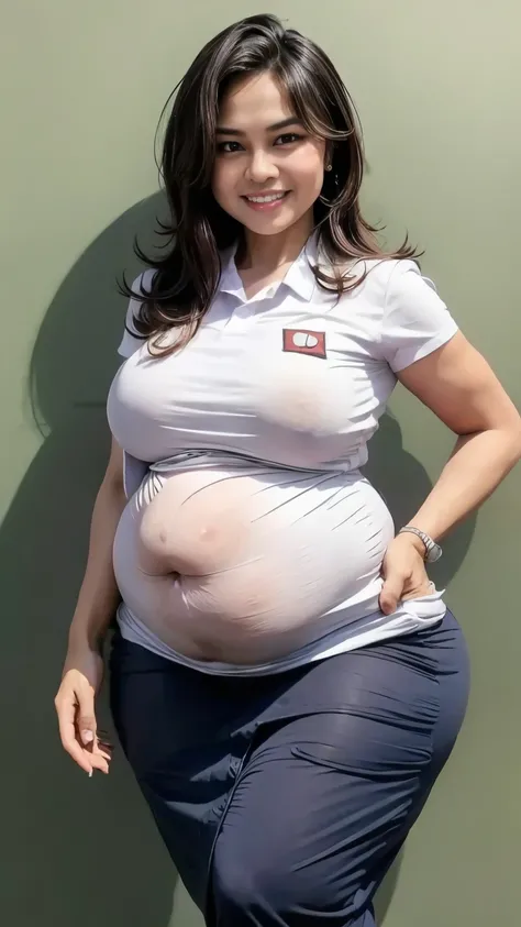 indonesian pregnant women 56 years old wearing indonesian high school uniform, Smile, Simple background, Anatomically Correct, Masterpiece, High Resolution, Accurate, Black Hair, 