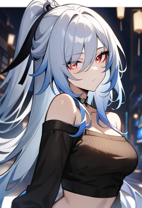 masterpiece, best quality, very aesthetic, absurdres, 1girl, jingliu(honkai: star rail), honkai: star rail, looking at viewer, upper body, high ponytail, red eyes, breasts, alternate costume, off-shoulder sweater, choker