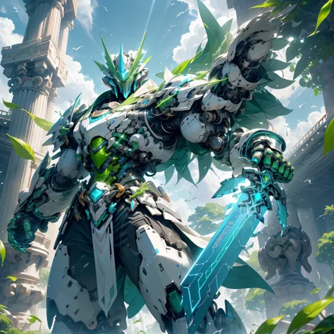 (Big Clouds, blue sky: 1.5, sunlight pouring down to the ground through a break in the clouds: 2.0, Pillar of Light, Many white birds flying in the sky : 1.0), ( green leaves are dancing in strong winds : 1.5), (Mecha:1.3), (( blue robots are making viol...