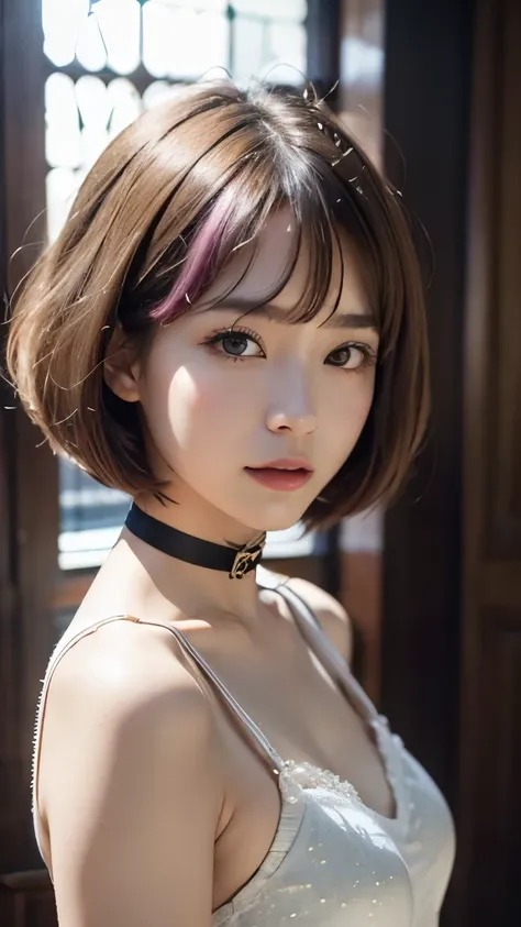 ( bob cut hair in the house,  Pink Hair:1.2),(Wearing a choker,  wearing a blouse:1.2), 1 girl,Japanese,21 years old,( small breasts:1.3),( best quality,masterpiece:1.3, ultra high resolution,),(Super detailed,caustics),( Photo Real:1.4,RAW shooting,)Ultra...