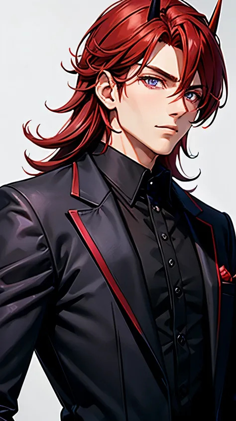 man with medium red hair and purple eyes ,  wearing an open black formal outfit with red dress shirt, red horns, gold monoculum