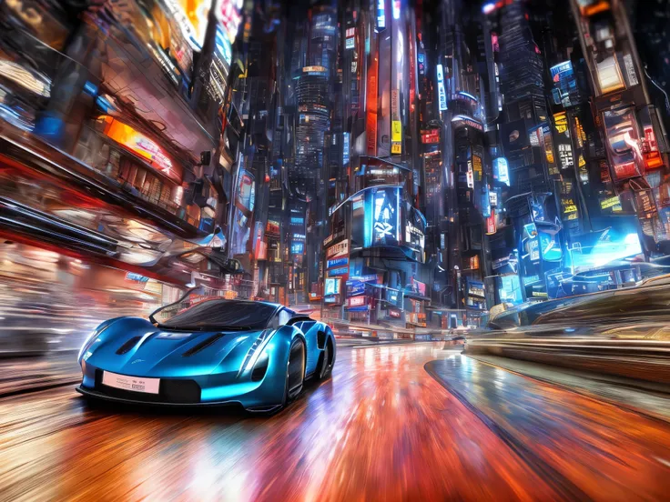 (The Electrifying World of Futuristic EV car Designs),sport car,tuned, motion, (at night:2) (motion blur:1. 3), movie action scene, (Need for Speed:1. 1), wet reflection, racing game, (cityscape in background:1. 5), (detailed stunning environment:1.5), moo...