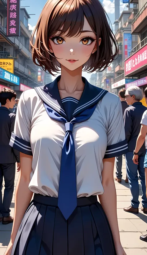  Impressive Beautiful Eyes の女性 :1.2,  elegant poses , sleeves that extend to fingertips , Accurate, Red plump lips, standing , Her eyebrows rose sharply, sailor suit, several people having fun with each other while having very detailed , roam ( Gantz Suit)...