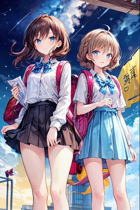  one girl , spring,  High School, , Warm colors,  backpack , Accurate and highly detailed backgrounds, Wearing a uniform々A group of female students with different body types and hairstyles, cute.Brown Hair， shortcut ， unkempt hair，Short braided hair，Neat，S...