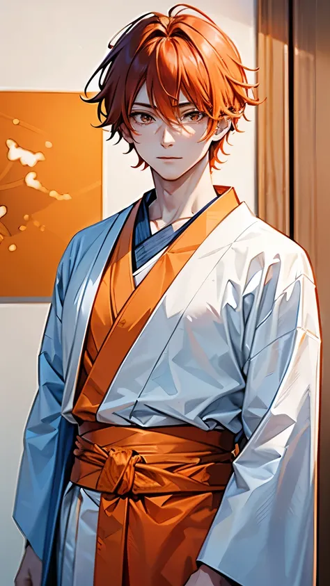 orange-haired man with orange eyes medium hair wearing an open white and blue kimono