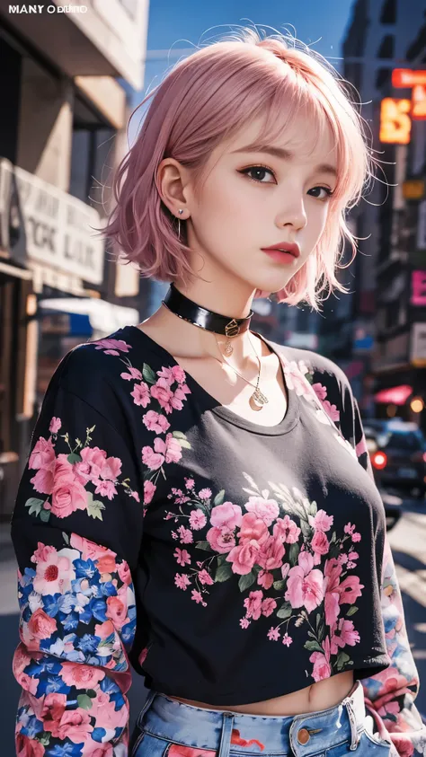 ( best quality, 8k, masterpiece: 1.3) Korean Streetwear,   Choker Necklace ，fashion magazine background，Bold Pose,  pink short hair, Hippie style, ( big bust: 1.4)