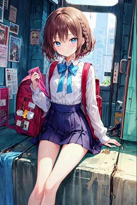  one girl , spring,  High School, , Warm colors,  backpack , Accurate and highly detailed backgrounds, Wearing a uniform々A group of female students with different body types and hairstyles, cute.Brown Hair， shortcut ， unkempt hair，Short braided hair，Neat，S...