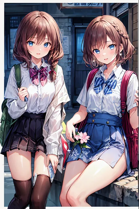  one girl , spring,  High School, , Warm colors,  backpack , Accurate and highly detailed backgrounds, Wearing a uniform々A group of female students with different body types and hairstyles, cute.Brown Hair， shortcut ， unkempt hair，Short braided hair，Neat，S...