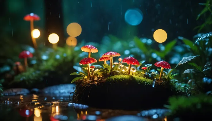 (((masterpiece))),(best quality),((ultra-detailed)), professional,gimicalmas,35mm photograph,4k, fairy forest in the middle of the night its raining,lay summer,night,rain,macro_shot, colorful details,natural lighting,amazing composition,subsurface scatteri...