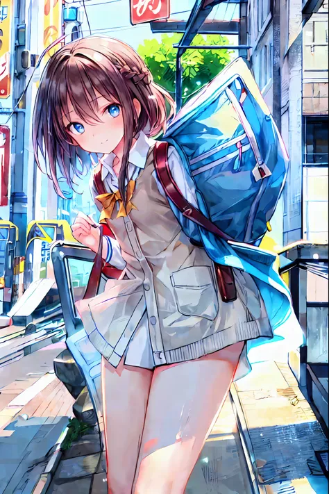 one girl , spring,  high school, , warm colors,  backpack , accurate and highly detailed backgrounds, wearing a uniform々a group ...