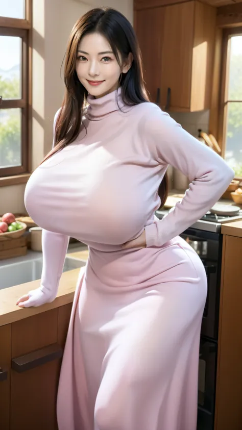 ((real))、(masterpiece、highest quality)、hot (mature woman with perfect pretty face)、25 years old, huge fake breasts, japanese Woman Standing In Kitchen、wearing a pink turtleneck sweater、wide hips、Wearing a pink apron、(hair combed back) 、smile、facing the vie...