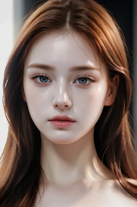 (photorealistic), best compositin, close up Portrait photo of a breath taking beautiful 18yo Russian supermodel, alluring expression, symmetric face, slightly curvy ginger hair, pale skin, natural facial skin without make-up, k pop, nude, naked, big breast...