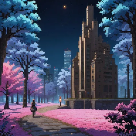 ((紫粉 City : 1.5)), (masterpiece), ( is the best quality: 1.0), ( Ultra High Resolution : 1.0), Detailed illustrations, Detailed Scenery , vibrant colors 紫粉 walking through the city, 8 K, night, Moon Clouds , ((magic, beautiful , Trees: 1.4 )), (( is the be...