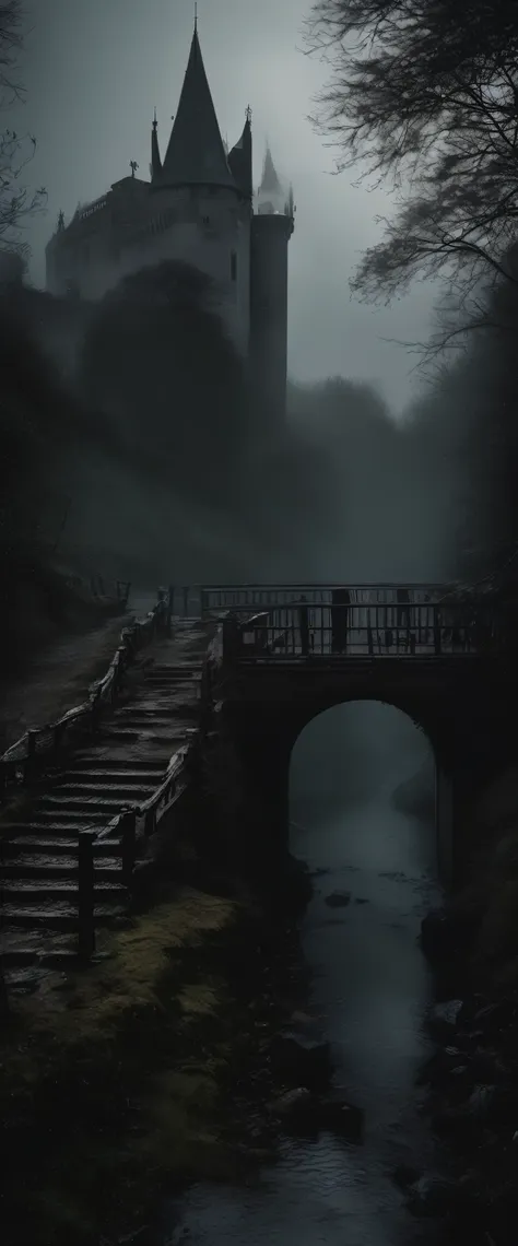 Gothic scenography, plano general,  dark and mysterious wooden bridge surrounded by a fog :1.5,  at the end of the bridge there is a castle from the medieval period, Gloomy, wet, darkness, Luz outfit, Medieval times , Gothic art, Action painting, profundidad de campo,  cinematic lighting , U High Definition , necessary,  ,  old school ,  super detail ,  tall details ,  lyrics, Winner Award ,  Best quality ,  High Definition , eznegativxl ,  Locals avoid a narrow alley in the oldest part of the city .,  who whisper about a shadow figure that stalks the cobblestone streets at night  .  Those who have crossed paths with this entity report that they feel an overwhelming sense of dread and hear whispers that seem to come from nowhere., hyperrealism, chiaroscuro, Minimalism, gothic art, chiaroscuro, depth of field, Retina,  masterpiece, highres, 1080P, 16K, UHD, Retina,  masterpiece, Accurate, Super detail, high details,  high quality ,  award winning , best quality, highres, 1080P, HD, 16K