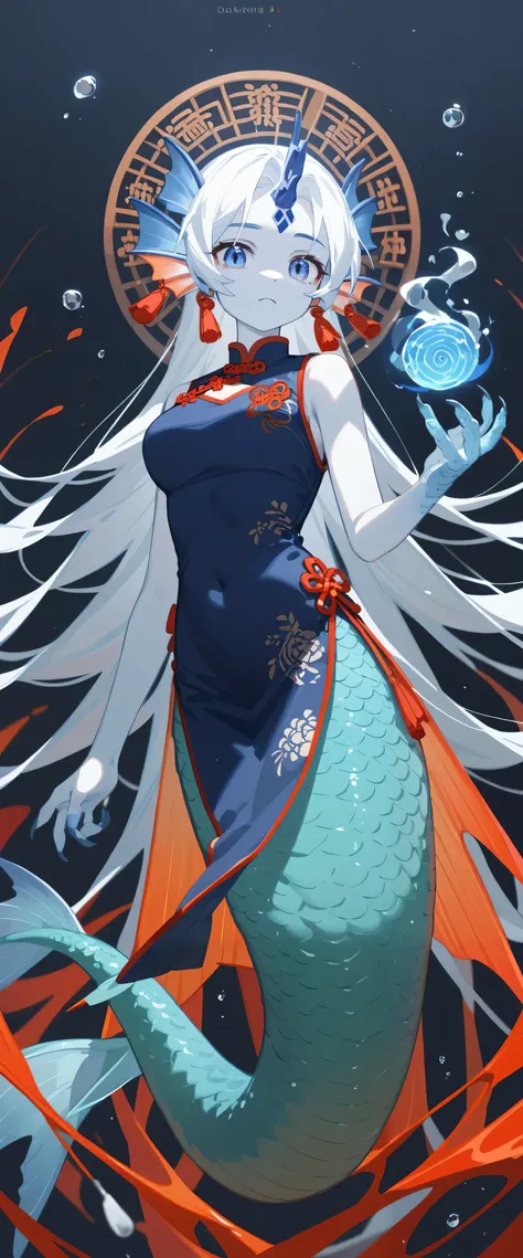 Fraction_9,Fraction_8_up,Fraction_7_up,masterpiece,Chinese style，navy blue clothes，tassel，Hanfu，Peking Opera Hua Dan， ( 1 anthropomorphic female tuna), The waist， Monster Girl, reflective scales ，Fish scale skin, Magic Fish , Dream Mermaid , ,((Donghai Dra...