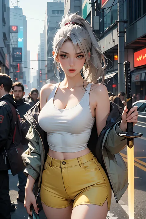  Cyberpunk 　Silver-haired woman　 ponytail　 sexy　 near-future yellow oversized mountain parka 　 green hotpants 　Glamorous figure　 carry the grip of a large futuristic tech sword on your shoulder with your right hand　 realistic texture　 v-neck tank top empha...