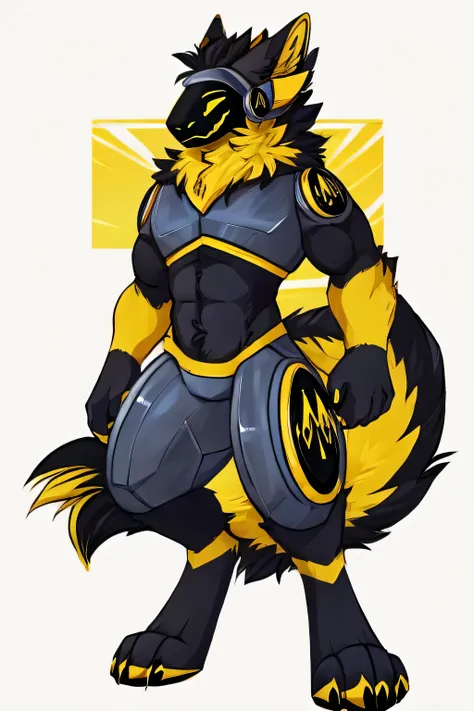 Protogen male furry, tall, muscular, Showing a bicep, has yellow lights on his visor black furred on all his body even the belly