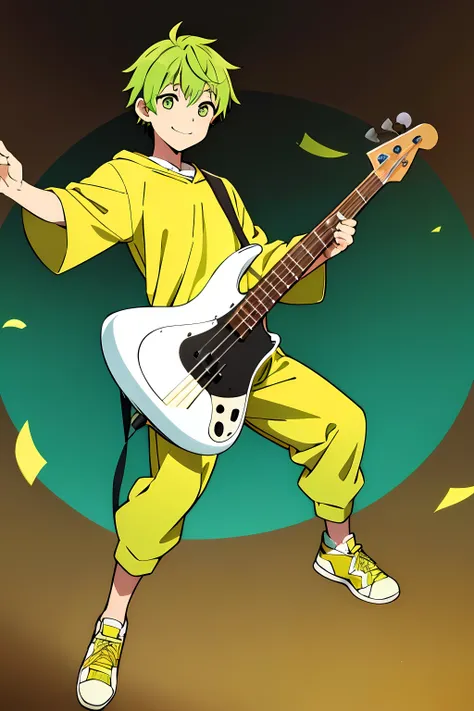 Yellow-green hair、 boys、Playing the bass、smile、Full body illustration