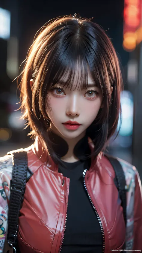 (masterpiece, highest quality, highest quality, Official Art, beautifully, aesthetic:1.2), Portrait Photography, (Cyberpunk fashion beautiful girl 1 person), Big iridescent eyes, Beautiful skin, Expressionlesoderate breast size, (Pink and blue long hair wi...