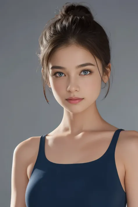 Tight dark blue top:1.2, looking at the audience, Cinema lighting, perfect, soft light, High resolution skin:1.2, Realistic skin texture, 18 years old、a small face、No makeup，Off the shoulders，Bust C cup、blue eyes, bun, dark brown hair、Completely naked、gray...