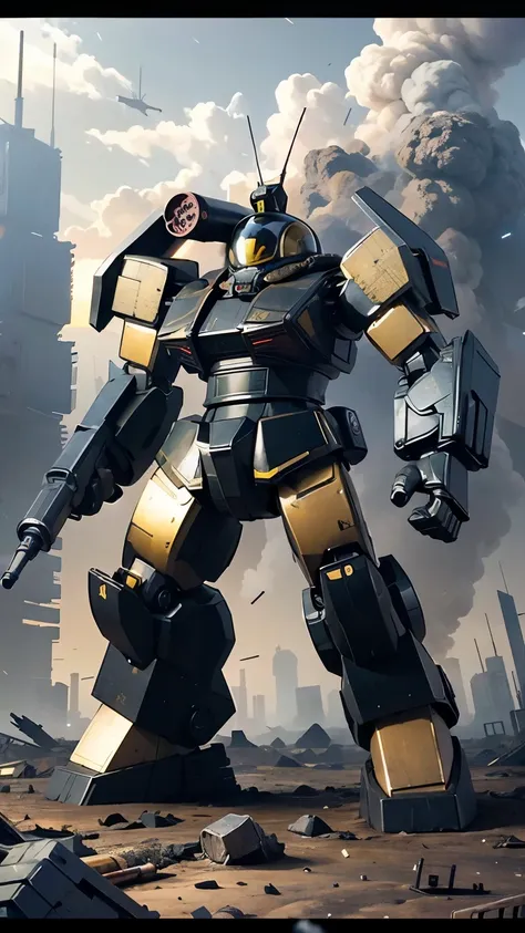 photo real, raw photo of a giant black and gold painted robot with a gun in hand ,  firing a rocket from a rocket launcher attac...