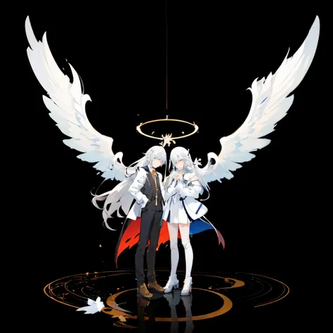 anime couple with wings in the air , silver wings, eros and thanatos, neon genesis evangelion fanart, purple and vermilion , in ...