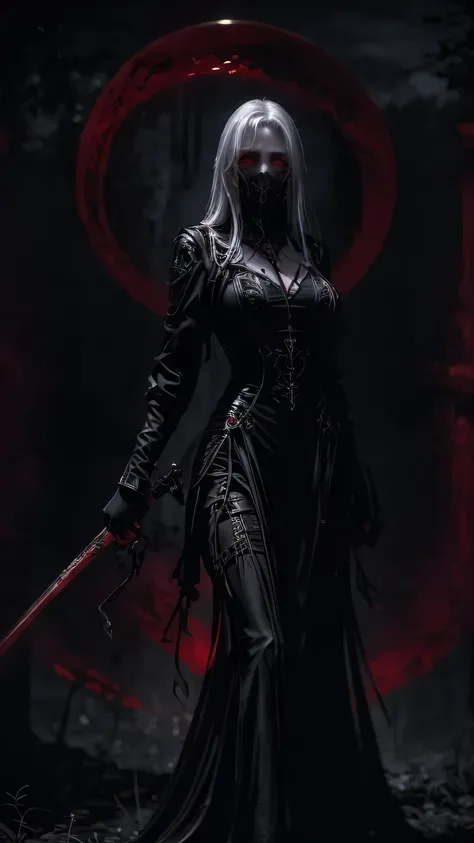 woman, ultra high details, dark fantasy, grim background, bloom, glowing red eyes, dark environment, bloody theme, hips up, pale skin, white hair, red moon, red hue lighting,