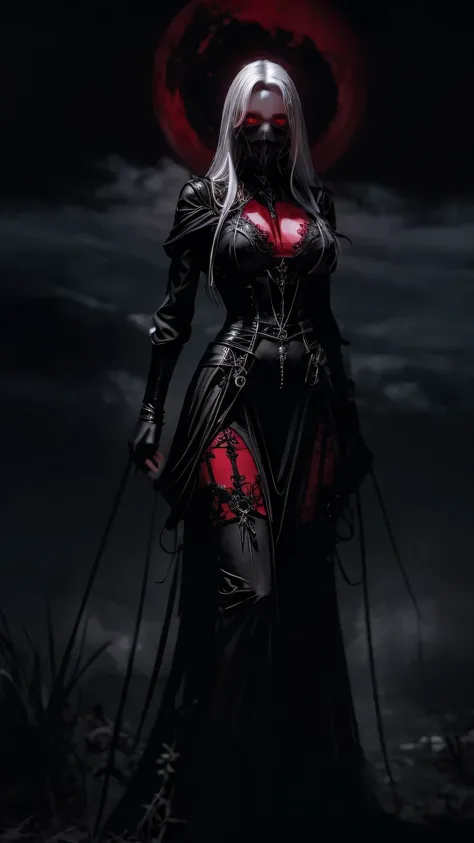 woman, ultra high details, dark fantasy, grim background, bloom, glowing red eyes, dark environment, bloody theme, hips up, pale skin, white hair, red moon, red hue lighting,