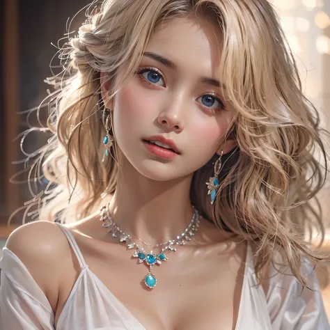 masterpiece,  best quality, 8k,  photorealistic,  high definition , 1 Female, Alone,  Hip Up,  viewers, (  DETAIL FACE ), Blonde,  white dress , Extremely beautiful,  jewelry、Soft beautiful breasts、 Sexy Expression 
