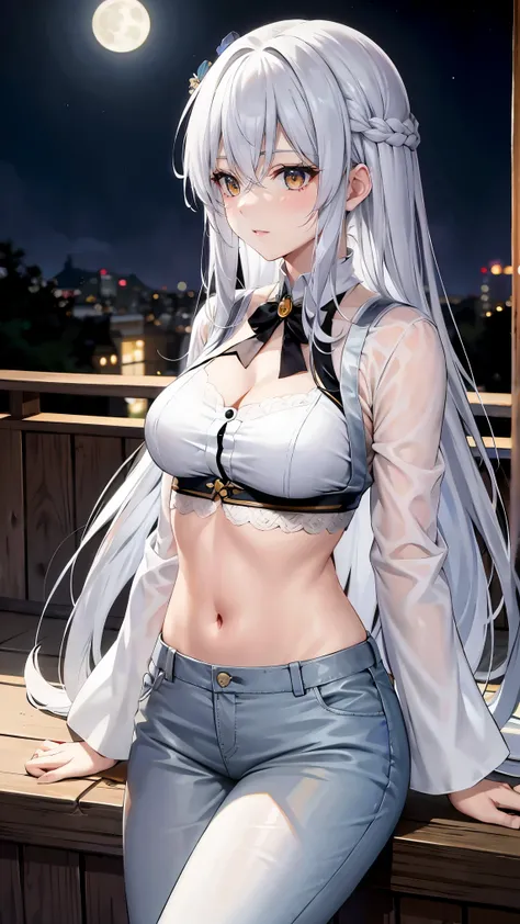long silver hair 、 tension as the inner color for long hair, yellow eyes , Moonlight、 moonlight、、、, full body composition from head to toe、Chuckle、Older sister、Sexy Fashion、blouse、Belly button exposed、Tapered trousers、Night Beauty、A fearless face、Yamato ...