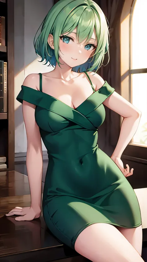  shoulder-length green hair,  small size breasts, Small breasts、Green Eyes, 、(((Ladylike))), full body from head to toe 、 Randomly create clothes, hairstyle, facial expressions, poses, locations, and backgrounds、 imaginary、Draw from a random angle 、Age is ...