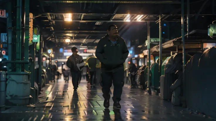 a fat boy in a green hoodie,standing in front of shibuya station at night,rain,dark,ambient lighting,cinematic,photorealistic,(best quality,4k,8k,highres,masterpiece:1.2),ultra-detailed,(realistic,photorealistic,photo-realistic:1.37),HDR,UHD,studio lightin...