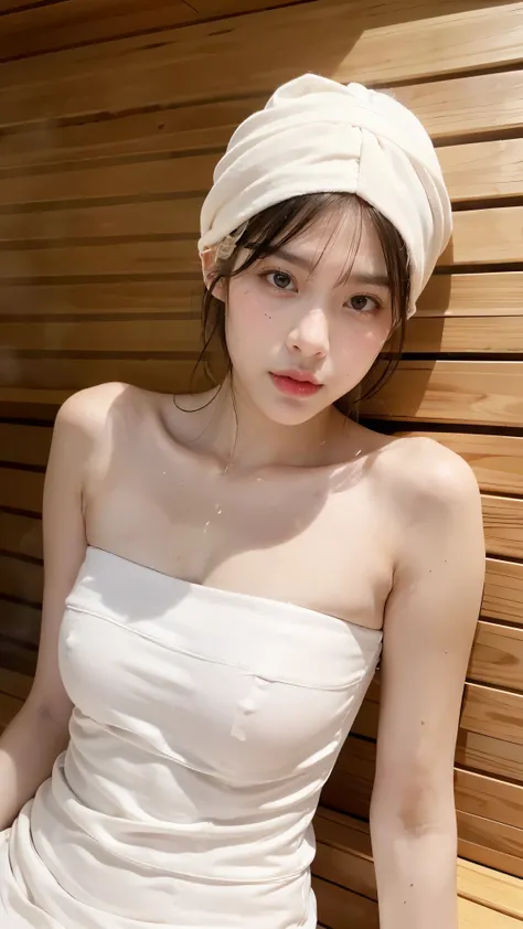 1Girl, Solo, (Masterpiece, Best Quality, 8K,,Photorealistic, real girl, mulberry:1.37), looking up at viewer, 1 dainty Japan, Slender body type: 1.1, Small breasts, Sitting, sauna, Double eyelids, Droopy Eyes, A dark-haired, (Sweaty face, Sweaty body: 1.2)...