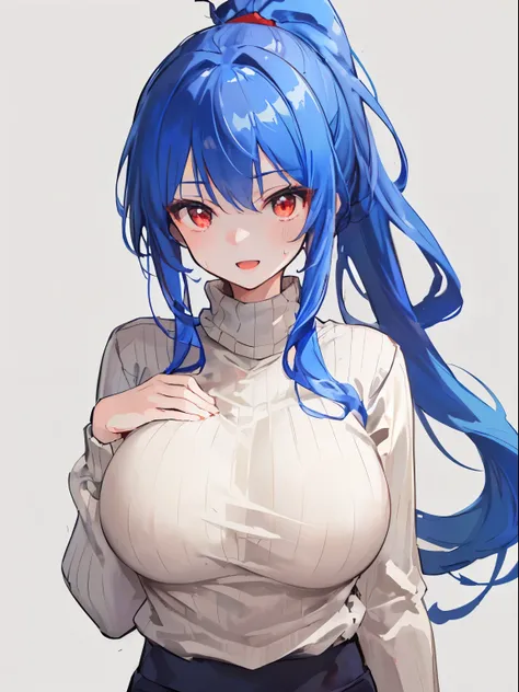 (open mouth, gentle smile), Russia, 1 girl, upper body, (facing viewer, looking viewer), standing straight, (red eyes, (jitome), (blue hair), ponytail, large breast), (black sweaterbeige breeches), (gray background), Sharp Focus, (Best Quality, masterpiece...