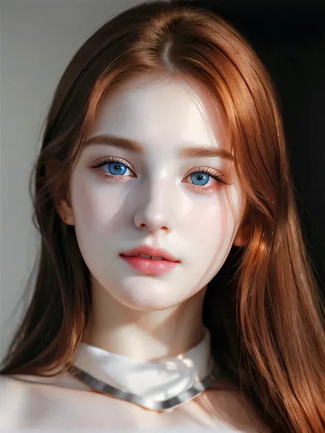 (photorealistic), best compositin, close up Portrait photo of a breath taking beautiful 18yo Russian supermodel, sweet smile, symmetric face, slightly curvy ginger hair, pale skin, natural facial skin without make-up, k pop, nude, naked, big breasts, impre...