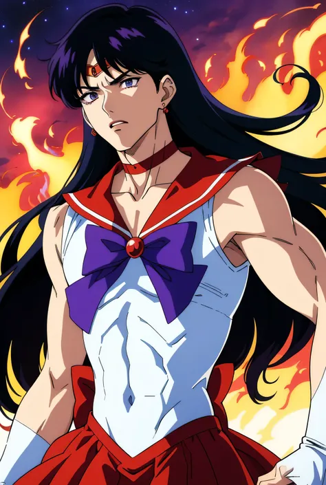  Best Quality Anime Art 、masterpiece、High definition anime art、4K style 、 Hi-Res、 Sailor Mars is a male hero、 Anime Boy 、かっこいい Anime Boy 、Sex change、Sex change(Girl to boy)、 Sailor Warrior Uniform 、Hino Rei is a boy、Male Body、Alone、 red sailor collar 、 blu...