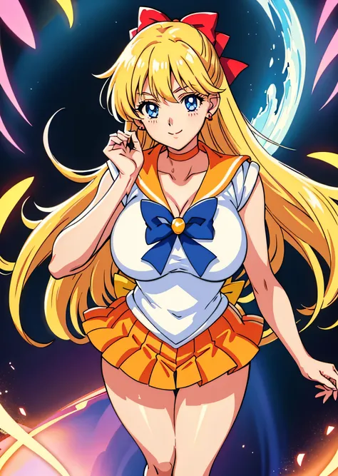  Best Quality Anime Art 、masterpiece、High definition anime art、アニメ style 4K、 Hi-Res、Aino Minako as a sexy female、 Sailor Warrior Uniform 、Anime Auntie、Mature Woman、 mature woman 、Age Increase、Woman in her 40s、milf、 orange choker、 golden choker with bee win...