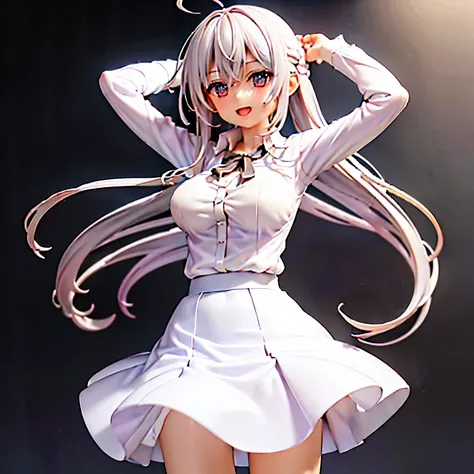 ((masterpiece,  best quality)), ( 1 girl), (Alone), ( for women), (Ahoge, Gray Hair,  very long hair),  blond eyes ,  smiles lightly,  open your mouth , (( white shirt), ( buttoned shirt), ( Button Gap )), ((  black skirt ), ( short skirt)),  standing , Wh...