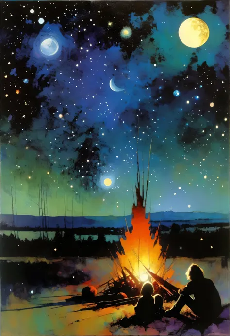 Pivak in the Wilderness 、Bonfire、Silhouette of a man looking up at night sky、 long shot、 magic ,  amazing, Night Sky, moon, Star, background, ( Simple Oil Painting in the Style of Bill Sienkiewicz)、 masterpiece
