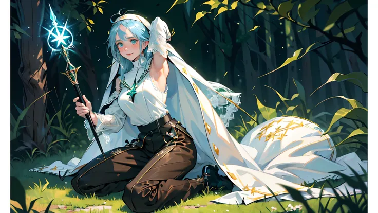 masterpiece, ultra detailed, 8k portrait, RAW photo, portrait photography, Highly detailed face, beautiful and meticulous eyes, ((Fantasy)), (((solo))), Young beautiful, (((Nun))), (((((wariza:1.5))))), ((light blue long thin hair)), ahoge, forehead, Gentl...