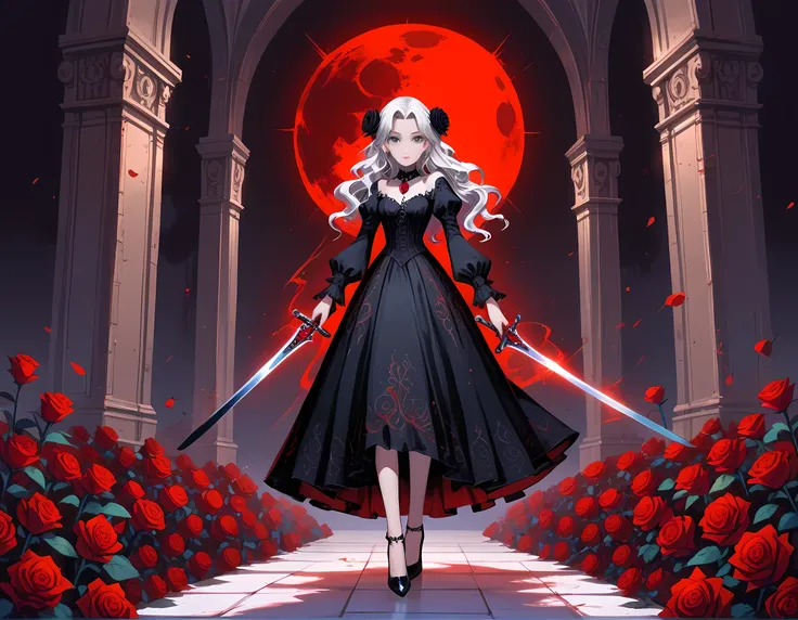 modisn disney, Arafed,  Dark fantasy art, fantasy art, goth art, a picture of a female vampire, pale white skin, blond hair, long hair, wavy hair, (glowing grey: 1.3) eyes, she wears a (red: 1.3) red thigh suit, she holds a sword in hand, (ready for battle...