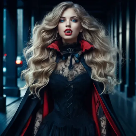 full length pose, young female vampire, pointed teeth, bright red lips, bright blue eyes, unbelievably long wavy blonde hair blo...