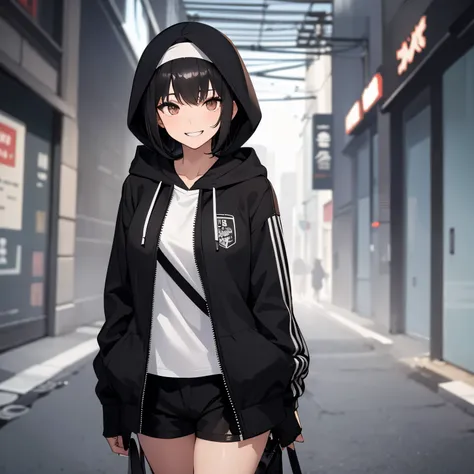 1girl, black hair, short hair, black jacket, jacket, hooded jacket, hood, shirt, white shirt, black headband, headband, large breasts, shorts, short pants, black shorts, urban, smile, normal clothes, simple clothes, happy, light smile, tall, tall female, c...